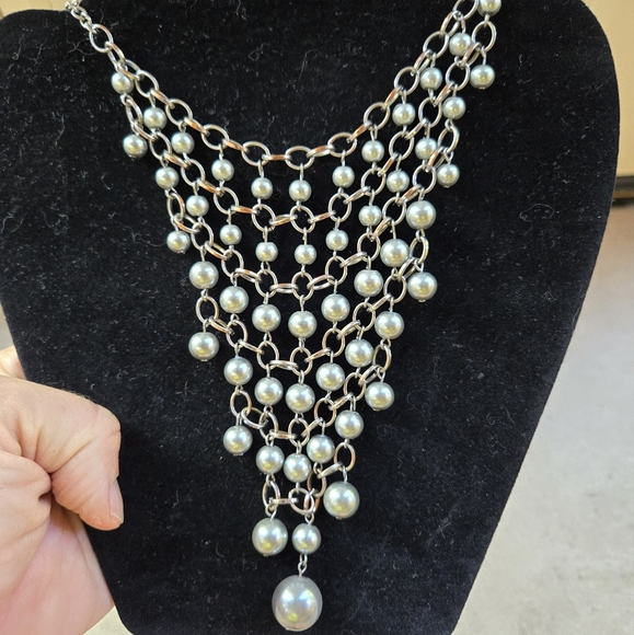 Silver Tone Bib Necklace Beads Chain Statement Layering - Picture 1 of 7